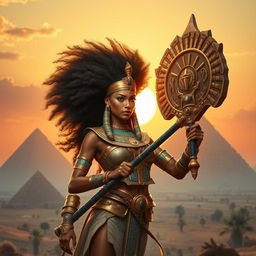 A powerful Egyptian warrior with a magnificent Afro hairstyle, standing confidently in an ancient Egyptian landscape