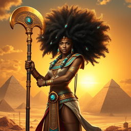 A powerful Egyptian warrior with a magnificent Afro hairstyle, standing confidently in an ancient Egyptian landscape