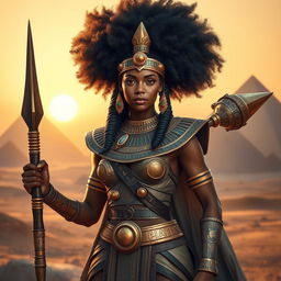 A powerful Egyptian warrior with a magnificent Afro hairstyle, standing confidently in an ancient Egyptian landscape