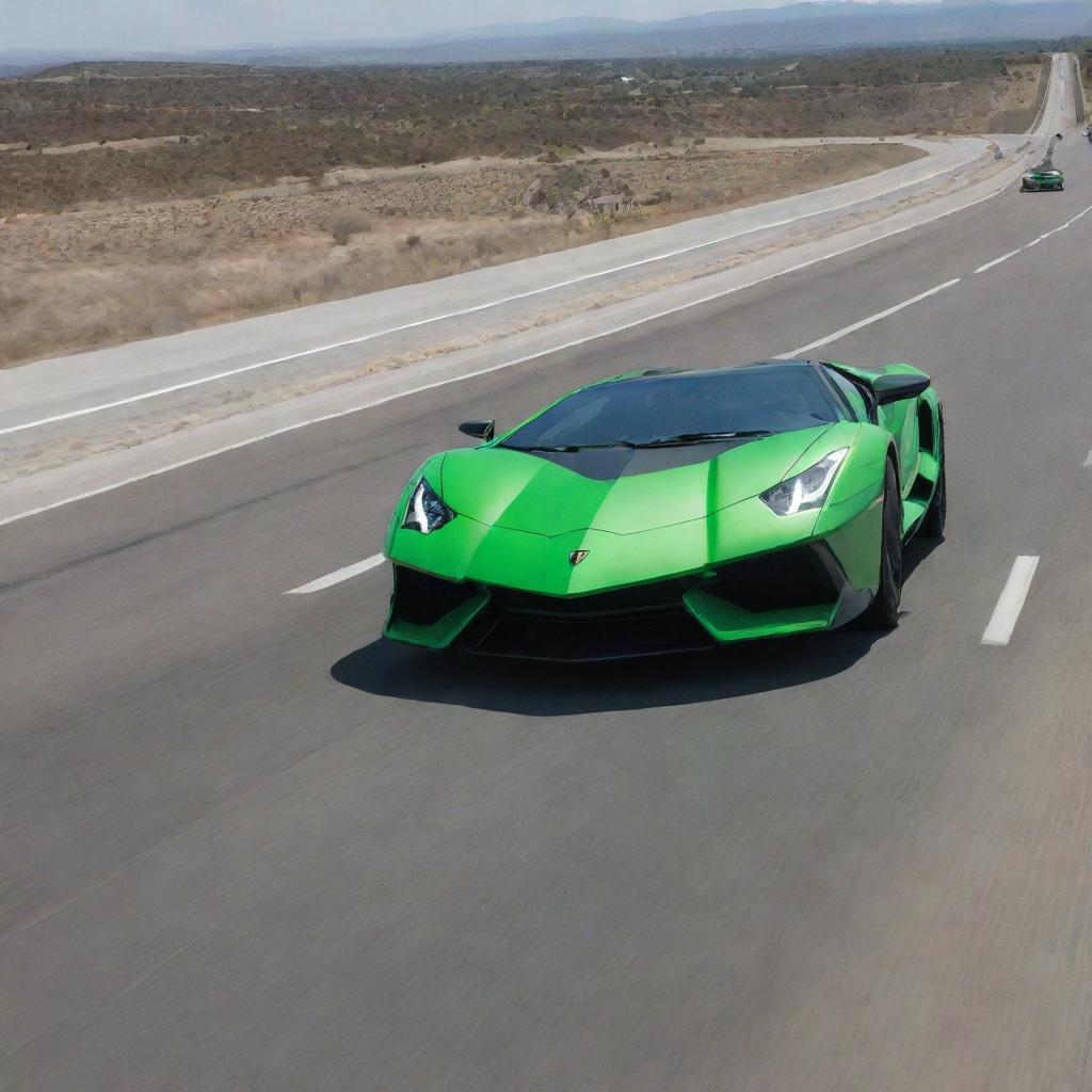 A powerful F-22 Raptor jet streaking across a clear sky while a sleek neon green Lamborghini roars down a highway below.