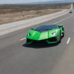 A powerful F-22 Raptor jet streaking across a clear sky while a sleek neon green Lamborghini roars down a highway below.