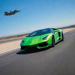 A powerful F-22 Raptor jet streaking across a clear sky while a sleek neon green Lamborghini roars down a highway below.