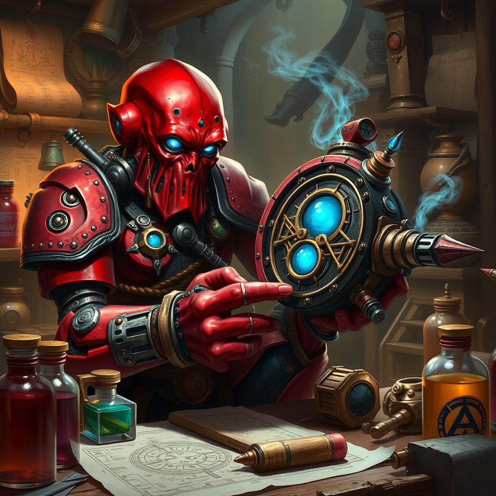 A Warforged Artificer with striking red skin and brilliant blue eyes, engrossed in crafting a complex magical device in a cluttered workshop