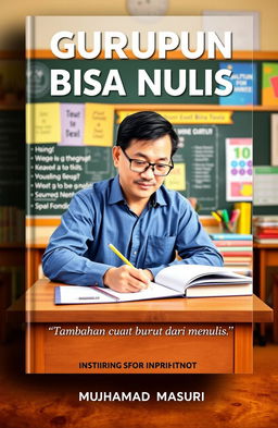 A book cover for a title "Gurupun Bisa Nulis" (Teachers Can Write Too), featuring a middle-aged male teacher with short black hair, wearing glasses and a blue shirt, sitting at a desk in a cozy classroom