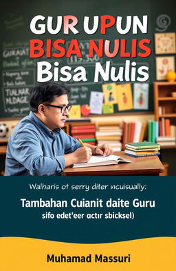 A book cover for a title "Gurupun Bisa Nulis" (Teachers Can Write Too), featuring a middle-aged male teacher with short black hair, wearing glasses and a blue shirt, sitting at a desk in a cozy classroom
