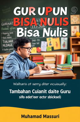 A book cover for a title "Gurupun Bisa Nulis" (Teachers Can Write Too), featuring a middle-aged male teacher with short black hair, wearing glasses and a blue shirt, sitting at a desk in a cozy classroom