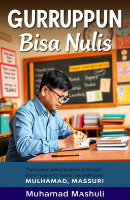 A book cover for a title "Gurupun Bisa Nulis" (Teachers Can Write Too), featuring a middle-aged male teacher with short black hair, wearing glasses and a blue shirt, sitting at a desk in a cozy classroom