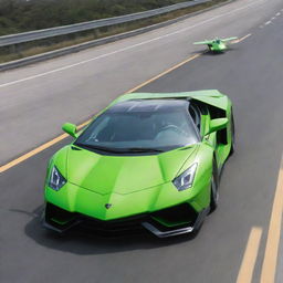 A powerful F-22 Raptor jet streaking across a clear sky while a sleek neon green Lamborghini roars down a highway below.