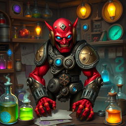 A Warforged Artificer featuring striking red skin and brilliant blue eyes, diligently working in an enchanting workshop filled with a variety of magical devices and tools