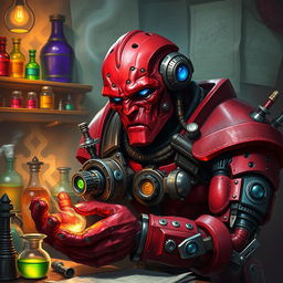 A Warforged Artificer showcasing vibrant red skin and striking blue eyes, industriously crafting a complex gadget in a magical workshop