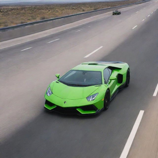 A powerful F-22 Raptor jet streaking across a clear sky while a sleek neon green Lamborghini roars down a highway below.