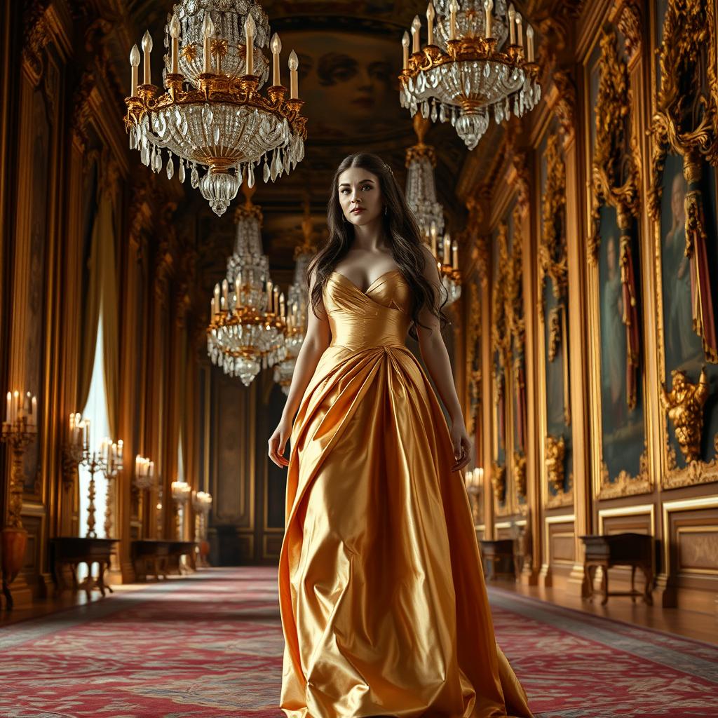 A beautiful princess walking gracefully in a grand palace hall, adorned with intricate golden decorations and opulent tapestries