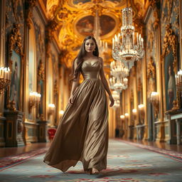 A beautiful princess walking gracefully in a grand palace hall, adorned with intricate golden decorations and opulent tapestries