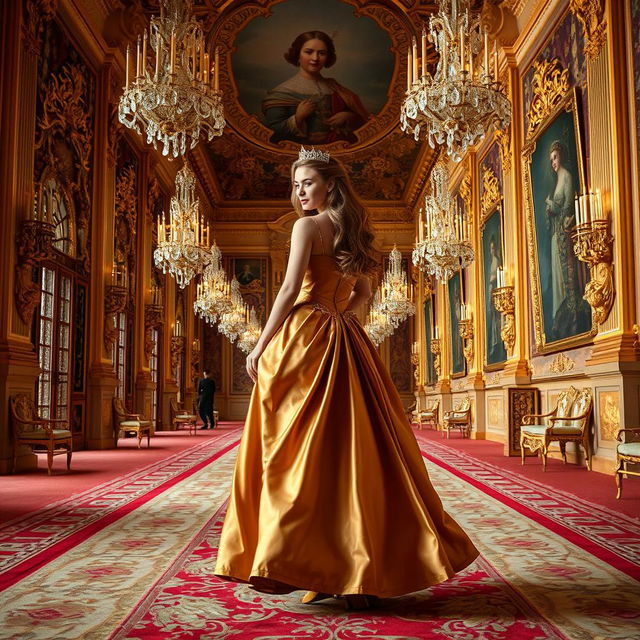 A beautiful princess walking gracefully in a grand palace hall, adorned with intricate golden decorations and opulent tapestries