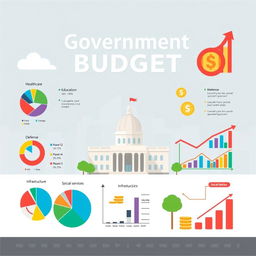 A detailed infographics illustration representing a government budget, with the phrase 'Government Budget' featured prominently