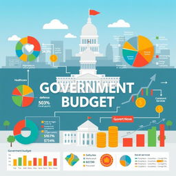 A detailed infographics illustration representing a government budget, with the phrase 'Government Budget' featured prominently