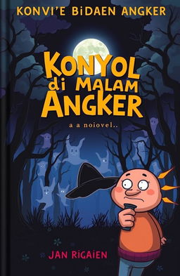 A book cover for a novel titled 'Konyol di Malam Angker', featuring a dark and eerie night scene in a spooky forest