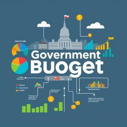 A detailed infographics illustration representing a government budget, with the phrase 'Government Budget' featured prominently