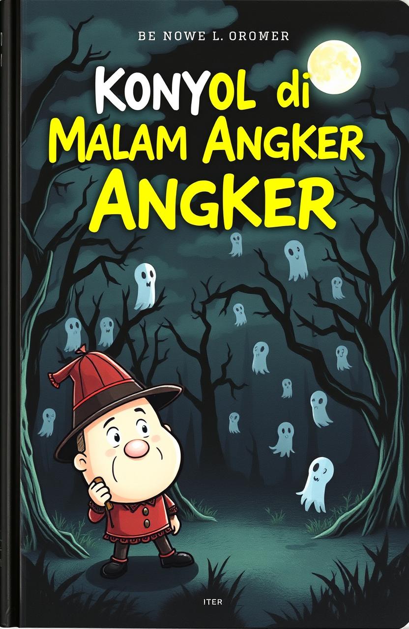 A book cover for a novel titled 'Konyol di Malam Angker', featuring a dark and eerie night scene in a spooky forest