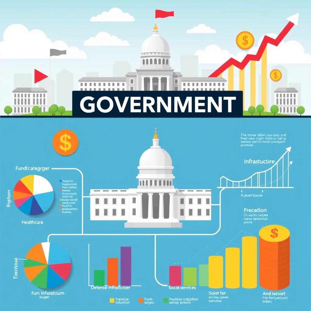 A detailed infographics illustration representing a government budget, with the phrase 'Government Budget' featured prominently