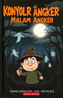 A book cover for a novel titled 'Konyol di Malam Angker', featuring a dark and eerie night scene in a spooky forest