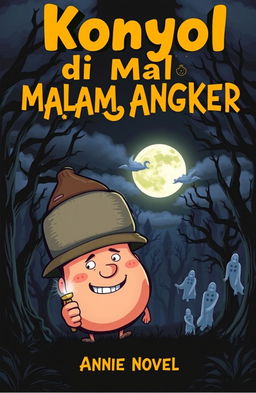 A book cover for a novel titled 'Konyol di Malam Angker', featuring a dark and eerie night scene in a spooky forest