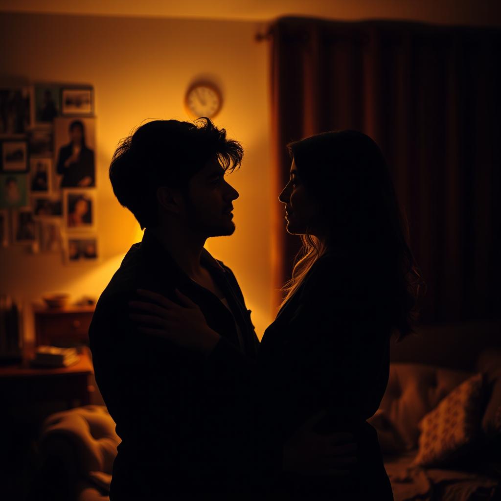 A melancholic scene showcasing a couple in a dimly lit room, where one partner is looking at the other with pleading eyes, softly asking 'gitme ne olur' (don't go)