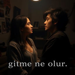 A melancholic scene showcasing a couple in a dimly lit room, where one partner is looking at the other with pleading eyes, softly asking 'gitme ne olur' (don't go)