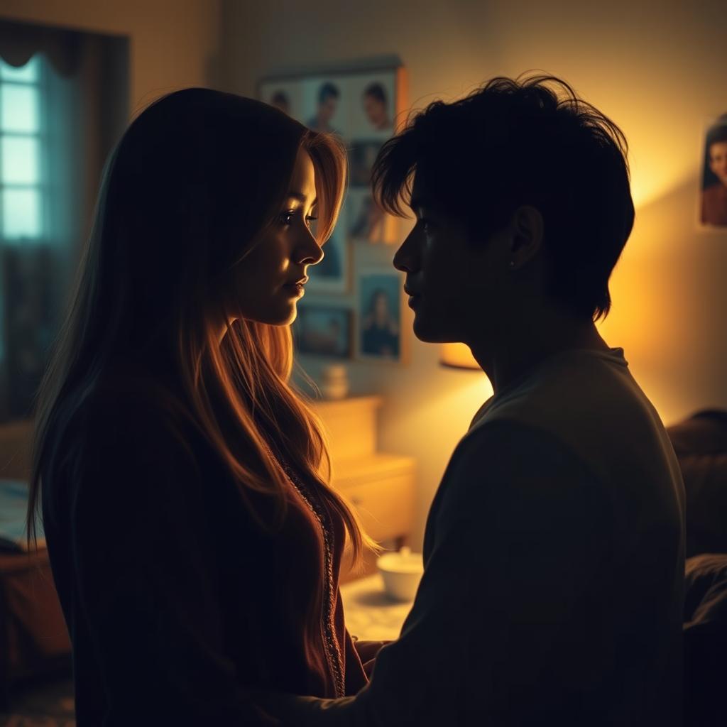 A melancholic scene showcasing a couple in a dimly lit room, where one partner is looking at the other with pleading eyes, softly asking 'gitme ne olur' (don't go)