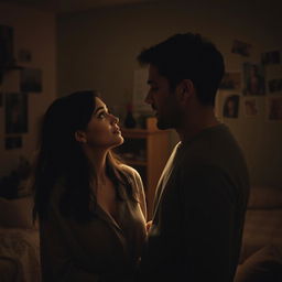 A melancholic scene showcasing a couple in a dimly lit room, where one partner is looking at the other with pleading eyes, softly asking 'gitme ne olur' (don't go)