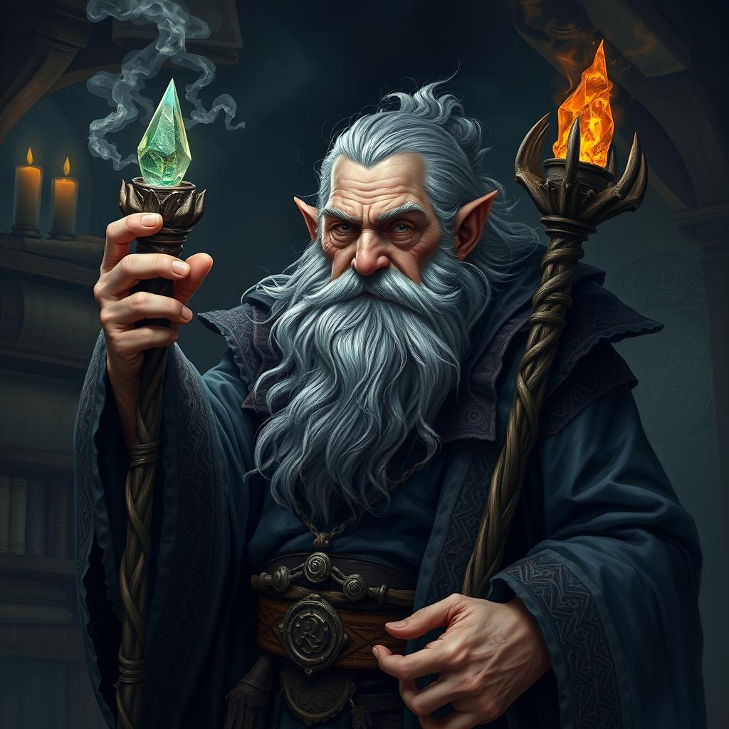 An imposing and sinister old dwarf archmage, radiating an aura of dark magic and malevolence