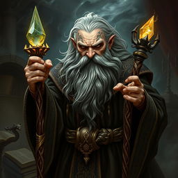 An imposing and sinister old dwarf archmage, radiating an aura of dark magic and malevolence