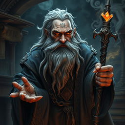 An imposing and sinister old dwarf archmage, radiating an aura of dark magic and malevolence