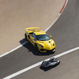 An F-22 Raptor jet cutting the sky above while a high-speed Lamborghini races on a track below, demonstrating power and speed.