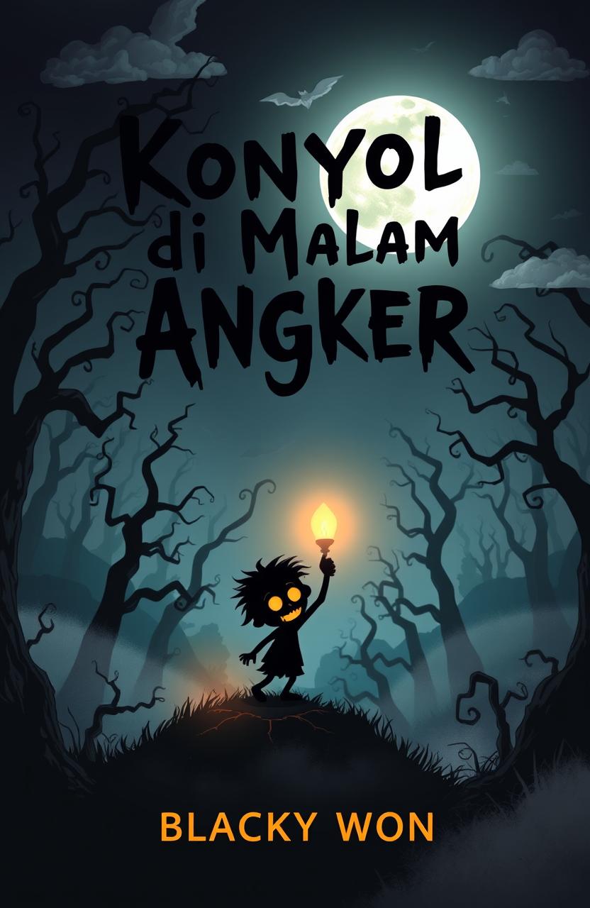 A spooky book cover for a novel titled "Konyol di Malam Angker" by Blacky Won