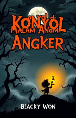 A spooky book cover for a novel titled "Konyol di Malam Angker" by Blacky Won