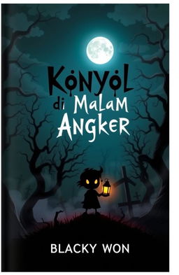 A spooky book cover for a novel titled "Konyol di Malam Angker" by Blacky Won