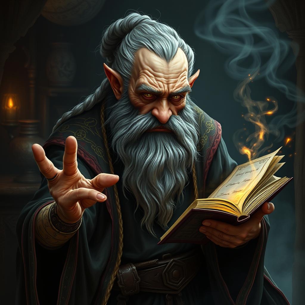 An ominous old dwarf wizard, exuding a powerful and sinister aura