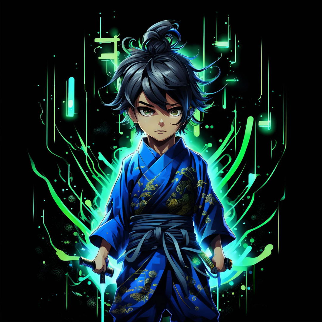 Anime-style digital art of a samurai boy in vibrant attire, holding a katana and manipulating glowing PHP code against a dark background.