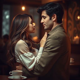 A romantic scene of a couple embracing in a dimly lit, cozy café