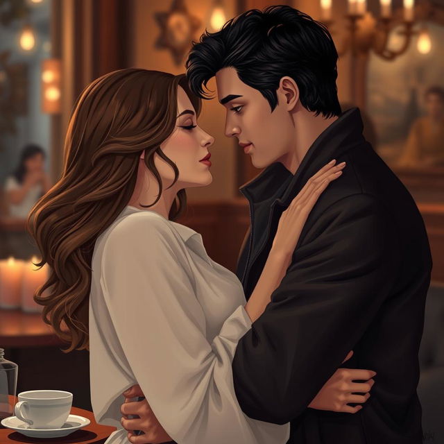 A romantic scene of a couple embracing in a dimly lit, cozy café