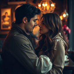 A romantic scene of a couple embracing in a dimly lit, cozy café