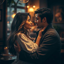 A romantic scene of a couple embracing in a dimly lit, cozy café