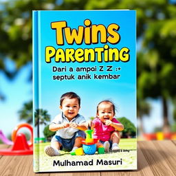 A vibrant and engaging book cover for the title "Twins Parenting: Dari A sampai Z seputar Anak Kembar" (Twins Parenting from A to Z about Twin Children), authored by Muhamad Masruri