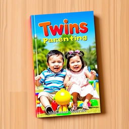 A vibrant and engaging book cover for the title "Twins Parenting: Dari A sampai Z seputar Anak Kembar" (Twins Parenting from A to Z about Twin Children), authored by Muhamad Masruri