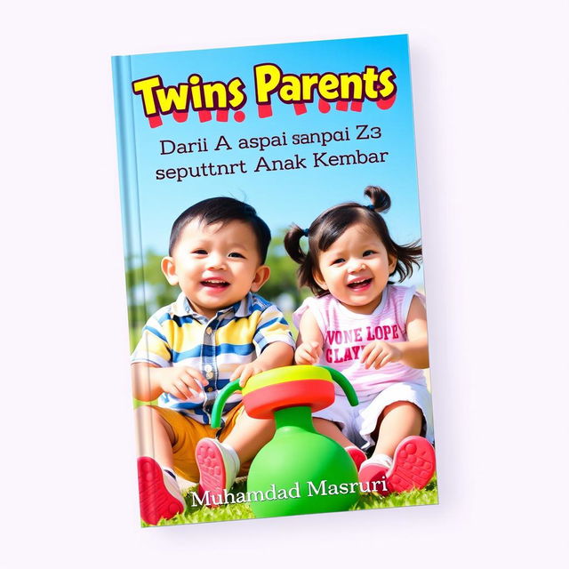 A vibrant and engaging book cover for the title "Twins Parenting: Dari A sampai Z seputar Anak Kembar" (Twins Parenting from A to Z about Twin Children), authored by Muhamad Masruri