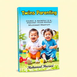 A vibrant and engaging book cover for the title "Twins Parenting: Dari A sampai Z seputar Anak Kembar" (Twins Parenting from A to Z about Twin Children), authored by Muhamad Masruri