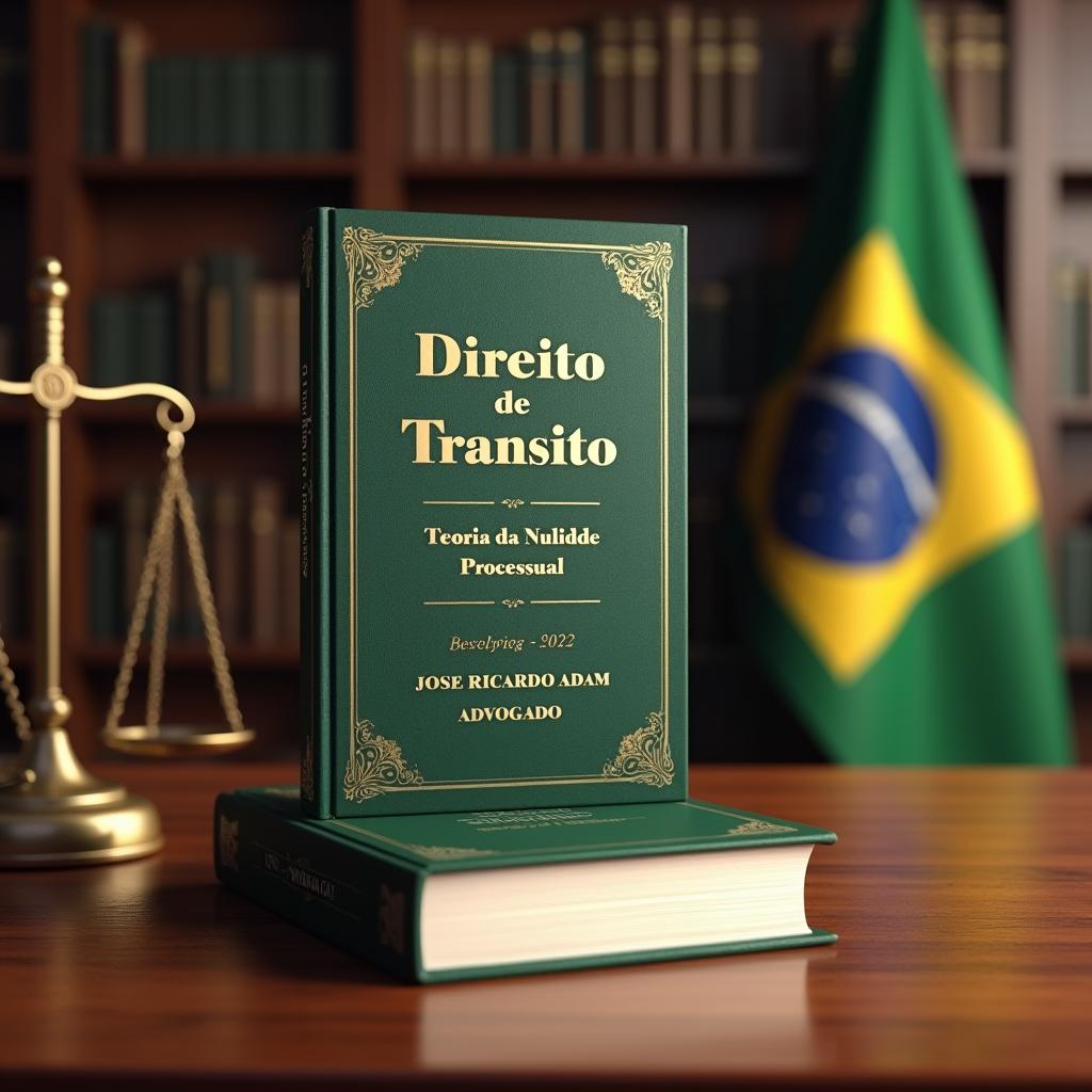 A 3D book titled 'Direito de Trânsito – Teoria da Nulidade Processual' showcasing a bestseller design, placed on a polished wooden desk in a lawyer's office