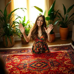 A woman waving at someone from a beautiful patterned rug, captured in a warm, cozy atmosphere