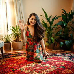 A woman waving at someone from a beautiful patterned rug, captured in a warm, cozy atmosphere